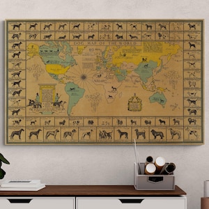 Vintage 1933 Hunde Weltkarte - Antike illustrierte Hunderasse Druck, Retro Wand Kunst Poster, Hunde Liebhaber Geschenk, Wohn Dekor Kunstwerk