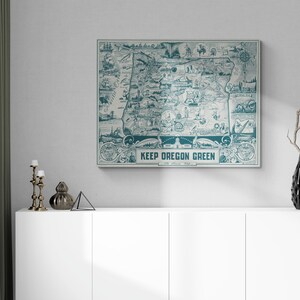 Vintage 1954 environmental poster depicts a colorful map of Oregon with emphasis on keeping the state green. Features Portland and iconic beaver symbol. Retro wall art representing Oregon's conservation efforts. Perfect for nostalgic home decor