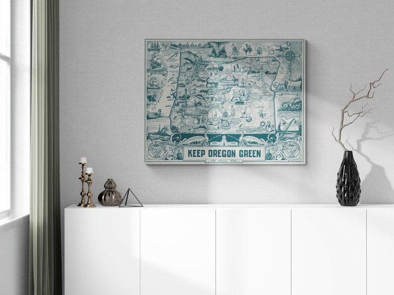 Vintage 1954 environmental poster depicts a colorful map of Oregon with emphasis on keeping the state green. Features Portland and iconic beaver symbol. Retro wall art representing Oregon's conservation efforts. Perfect for nostalgic home decor