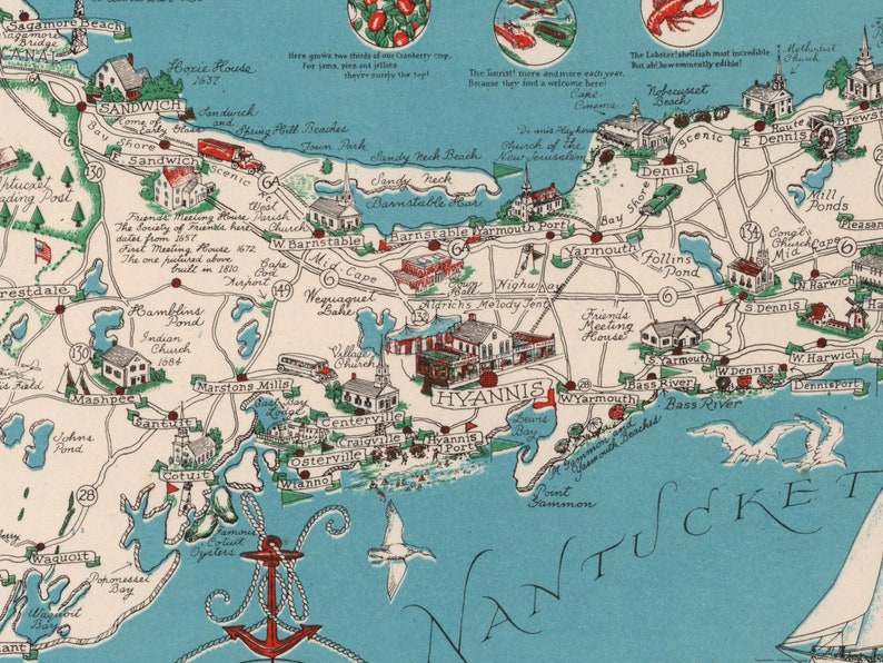 Vintage Picture Chart of Cape Cod Marthas Vineyard &amp; Nantucket 1955 Old USA Map Antique Print ...