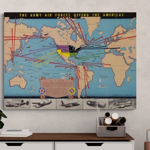 Army Map Air Force Defends The Americas 1941 Pictorial Aviation Illustrated Military History Old Map Antique Print Poster Wall Art