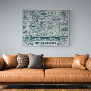 Vintage 1954 environmental poster depicts a colorful map of Oregon with emphasis on keeping the state green. Features Portland and iconic beaver symbol. Retro wall art representing Oregon's conservation efforts. Perfect for nostalgic home decor