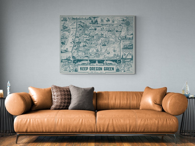 Vintage 1954 environmental poster depicts a colorful map of Oregon with emphasis on keeping the state green. Features Portland and iconic beaver symbol. Retro wall art representing Oregon's conservation efforts. Perfect for nostalgic home decor