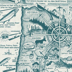 Vintage 1954 environmental poster depicts a colorful map of Oregon with emphasis on keeping the state green. Features Portland and iconic beaver symbol. Retro wall art representing Oregon's conservation efforts. Perfect for nostalgic home decor