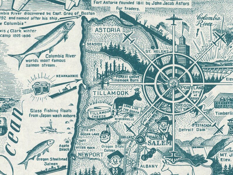 Vintage 1954 environmental poster depicts a colorful map of Oregon with emphasis on keeping the state green. Features Portland and iconic beaver symbol. Retro wall art representing Oregon's conservation efforts. Perfect for nostalgic home decor