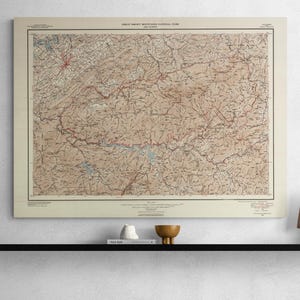 May include: A vintage map of Great Smoky Mountains National Park, with detailed topography and roads. The map features a beige background with brown and red lines, and blue water features. The map is framed and mounted on a white wall.