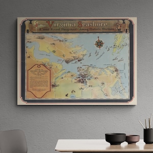 Jahrgang 1930 Karte von Küste von Virginia | Norfolk, Virginia Beach, James River | Alte Seekarte Print Retro Wand Kunst Poster