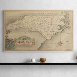 North Carolina Vintage Map 1934 Old Illustrated Map Antique Print Poster Sepia Wall Art USA Retro Home Decor Gift