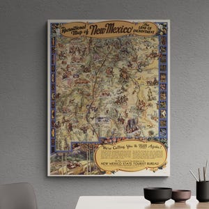 Póster de mapa turístico de Nuevo México de 1946: impresión de viaje ilustrada antigua, arte de pared occidental antiguo, decoración retro para el hogar, regalo histórico