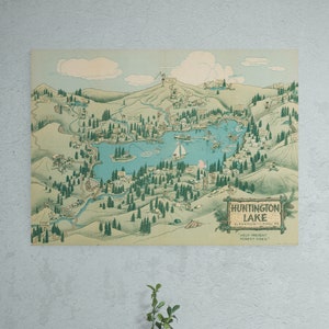 Mapa antiguo del lago Huntington, Sierras Altas de California, 1940, mapa de viaje antiguo, impresión de naturaleza antigua, póster, arte de pared, decoración retro para el hogar, regalo