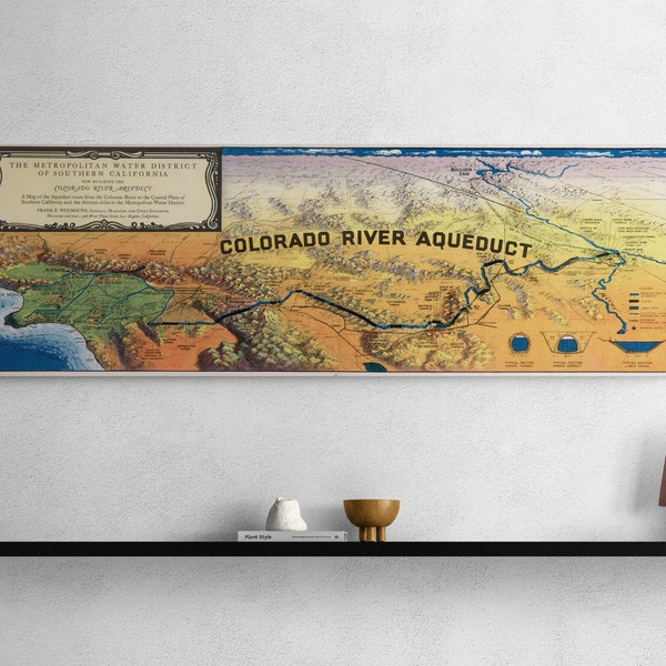 Vintage Pictorial Map Colorado River Aqueduct 1935 Old California Map Antique Infrastructure Print Poster Wall Art Retro Home Decor Gift