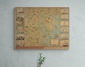 May include: Vintage map of the Chesapeake Bay featuring illustrations of ships and landmarks. The map is printed on a beige background with blue and green accents. The text "National Bohemian Beer" and "Chesapeake Bay" is printed at the bottom of the map.