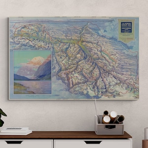 Mapa del Parque Nacional Jasper 1935 Antiguo mapa pictórico antiguo cartel ilustrado de las Montañas Rocosas canadienses arte de la pared retro decoración del hogar regalo