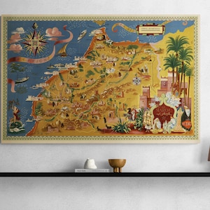 Carte du Maroc vintage de 1948 - Affiche imprimée illustrée antique Le Maroc, art mural africain rétro, ancienne cartographie, idée cadeau de décoration intérieure