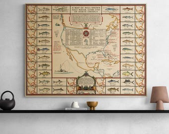 Vintage 1936 saltvattensfiskkartaaffisch: Retro USA-väggkonst