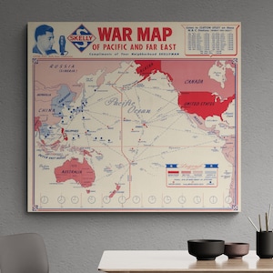 Vintage War Map of the Pacific and Far East 1944 Skellyman Illustrated WW2 Old Map Antique Print Poster Wall Art Retro Home Decor Gift