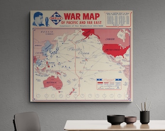 Vintage War Map of the Pacific and Far East 1944 Skellyman Illustrated WW2 Old Map Antique Print Poster Wall Art Retro Home Decor Gift