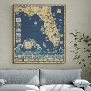 Kaart Florida 1935 Vintage oude Amerikaanse kaart geïllustreerd antieke print Americana poster kunst aan de muur retro woondecoratie cadeau