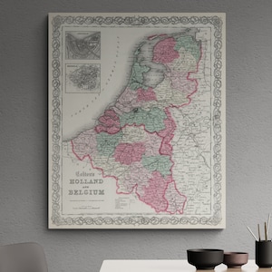 Carte vintage des Pays-Bas et de la Belgique, 1865, Atlas d'Amsterdam, Bruxelles, carte des rues, affiche, art mural café, salle de classe rétro, décoration d'intérieur, cadeau