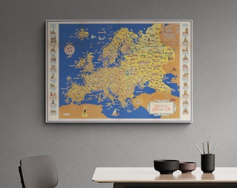 Retro Europe Map Print: 1951 Pictorial Wall Art