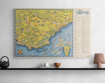 May include: A vintage map of the French Riviera, showing the coastline and surrounding areas. The map is illustrated with small drawings of landmarks and towns. The title of the map is "La Cote D'Azur" and the text "Territoires et Monumentales" is also visible.