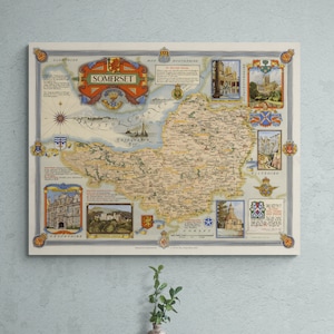 Vintage-Karte von Somerset 1946, alte englische Karte, illustrierter antiker Druck, klassisches britisches Poster, britische Grafschaft, Wandkunst, Retro-Heimdekoration, Geschenk