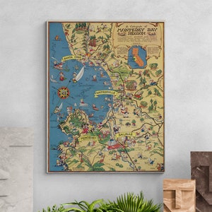 Vintage Karte von Region Monterey Bay 1932 alte illustrierte Karte Antikdruck bildliches Poster Salinas Wandkunst Retro Wohnkultur Geschenk