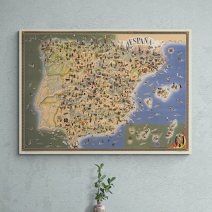 Carte de l'Espagne, 1957, Espagne ancienne carte illustrée, affiche imprimée antique, art mural européen, décoration d'intérieur rétro, cadeau