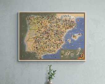 Vintage Spain Map Print: 1957 Espana Pictorial Wall Art
