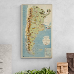 Carte vintage République d'Argentine 1966 ancienne carte touristique antique illustrée impression affiche art mural rétro décoration cadeau