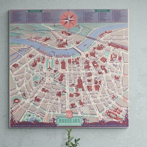 Bordeaux Karte Vintage Frankreich 1950 Alte Denkmäler Karte Antiker Panoramadruck Französisches Poster Europäische Wandkunst Retro Bildhafte Heimdekoration Geschenk
