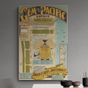 Vintage carte du domaine de la Gold Coast des années 1920 Nobby Beach Mermaid Beach ancienne carte des ventes Queensland affiche murale art rétro GC cadeau décoration d'intérieur