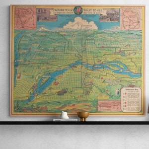Mapa de Portland 1940 Vintage City of Roses Oregon Mapa turístico antigo Cartaz de impressão de pescoço de borracha Arte de parede Decoração retrô para casa Presente