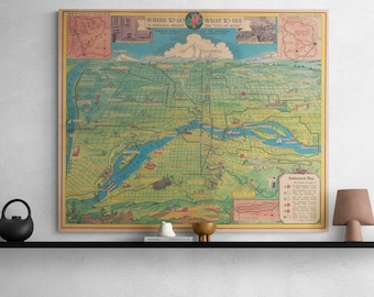 Vintage 1940 Portland Oregon Map Poster: City of Roses Wall Art
