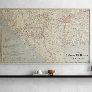 Mapa de Rutas de Santa Fe de 1888: Póster antiguo de la Ruta del Viejo Oeste, arte mural retro, decoración histórica, regalo único para amantes de los mapas.