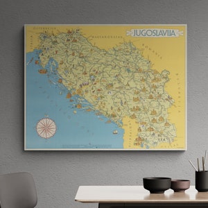 Vintage Karte Jugoslavija 1954 alte europäische Landkarte antik illustriertes Jugoslawien Druck bildliches Belgrano Plakat Wand Kunst Retro Wohnkultur Geschenk