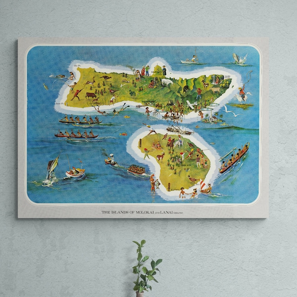Vintage Map of the Islands of Molokai and Lanai Hawaii 1968 Old Illustrated Map USA Print Poster Hawaiian Wall Art Retro Island Style Home