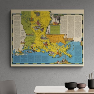 Vintage Louisiana Karte 1941 Alte Bildliche Karte New Orleans Antiker Druck Illustriertes Plakat Klassenzimmer Wand Kunst Retro Wohnkultur Geschenk