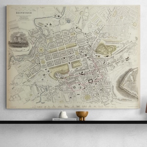 Carte illustrée vintage Édimbourg, Écosse 1834 - Impression de carte de rue britannique antique, affiche architecturale, art mural rétro, cadeau pour une maison historique