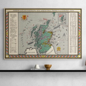 Scotland Map Portraying Her Agricultural Products and Fisheries 1929 Antique Print Poster Wall Art Retro Home Decor Gift