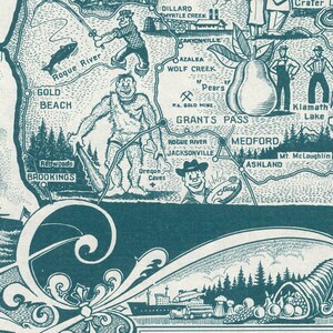 Vintage 1954 environmental poster depicts a colorful map of Oregon with emphasis on keeping the state green. Features Portland and iconic beaver symbol. Retro wall art representing Oregon's conservation efforts. Perfect for nostalgic home decor