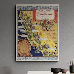 Vintage bildliche Wein Karte von Kalifornien 1935 Napa Valley Sonoma Geschichte Poster Wand Kunst Wohnkultur Geschenk