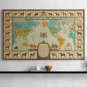 Vintage cheval carte du monde 1934 ancienne carte équestre cheval antique impression écurie affiche illustré art mural rétro décoration cadeau