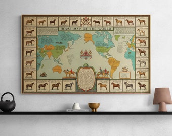 Vintage Pferde Weltkarte 1934 Alte Reiterkarte Antikes Pferd Druck Stall Poster Illustriert Wand Kunst Retro Wohn Dekor Geschenk
