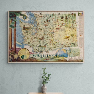 Carte picturale vintage de Washington, l'État à feuilles persistantes, 1948 vieille carte des États-Unis, Americana antique impression affiche, art mural, décoration d'intérieur rétro, cadeau