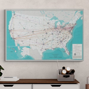 Mapa vintage nacional americano voos e instalações 1965 antigo mapa de aviação antigo aeroporto impressão cartaz arte da parede retro decoração casa presente