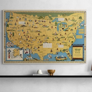Indians of the USA Historical Map Print Pictorial of Native Americans 1944 Wall Art Home Decor Gift Americana Home Accents