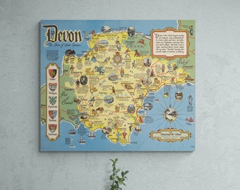 Impresión vintage de mapa de Devon: arte mural retro de condado inglés antiguo de 1955