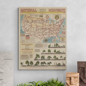 Estados Unidos da América Rodovias Nacionais Mapa Vintage 1928 Industrial Militar EUA Mapa de Rua Cartaz Arte de Parede Decoração de Casa Presente