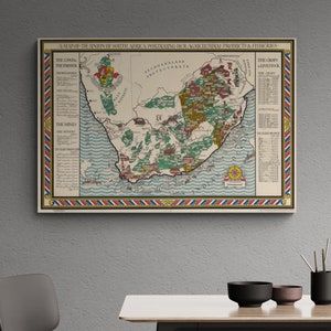 Afrique du Sud carte vintage 1930 Union représentant ses produits agricoles et pêche ancienne carte impression antique affiche murale art rétro